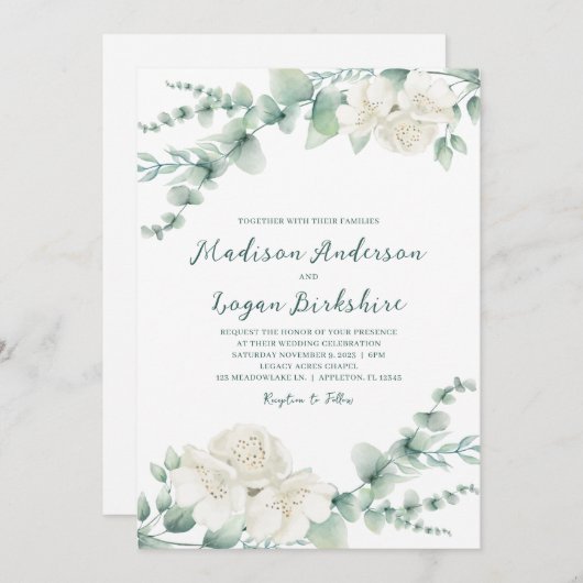 Elegante eucalyptus witte pioen bruiloft kaart (Voorkant / Achterkant)