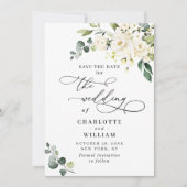 Elegante Eucalyptus Witte Rozen Bloemige Bruiloft Save The Date (Voorkant)