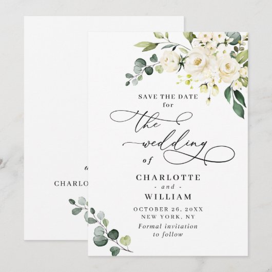 Elegante Eucalyptus Witte Rozen Bloemige Bruiloft Save The Date (Voorkant / Achterkant)