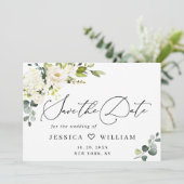 Elegante Eucalyptus Witte Rozen Bloemige Trouwdag Save The Date (Staand voorkant)