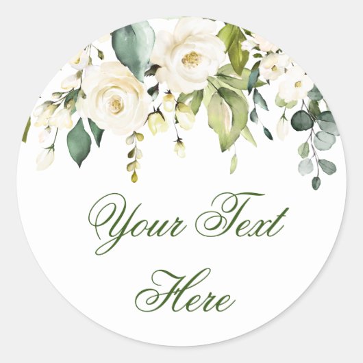 Elegante Eucalyptus Witte Rozen Bloemstuk Custom Ronde Sticker (Voorkant)