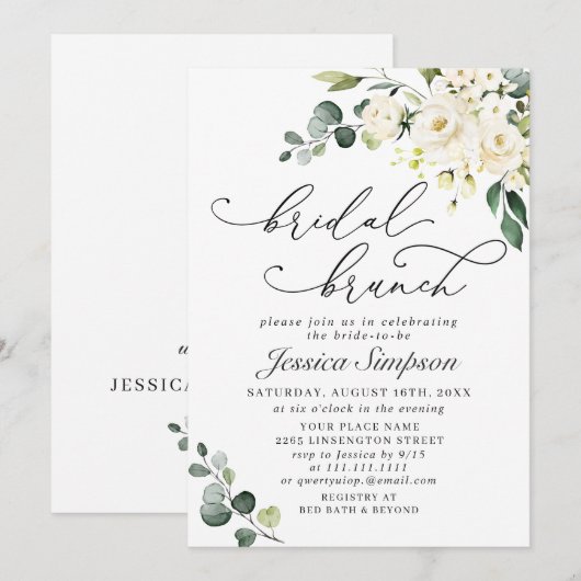 Elegante Eucalyptus Witte Rozen Bruidsbrunch Kaart (Voorkant / Achterkant)