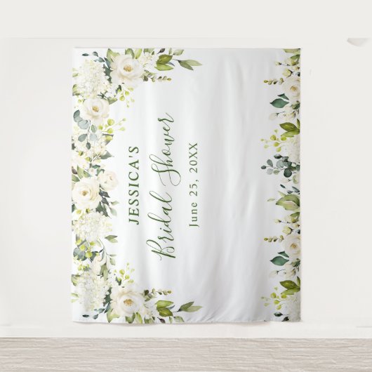 Elegante Eucalyptus Witte Rozen Bruidsdouche Tape Wandkleed (Voorkant)