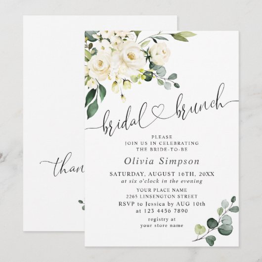 Elegante Eucalyptus Witte Rozen Bruilofts Brunch Kaart (Voorkant / Achterkant)