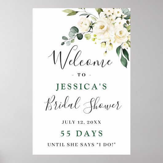 Elegante Eucalyptus Witte Rozen Bruiloftsborrel Poster (Voorkant)