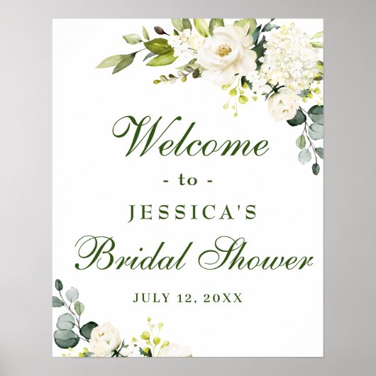 Elegante Eucalyptus Witte Rozen Bruiloftsborrel Poster (Voorkant)