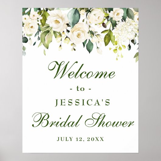 Elegante Eucalyptus Witte Rozen Bruiloftsborrel Poster (Voorkant)