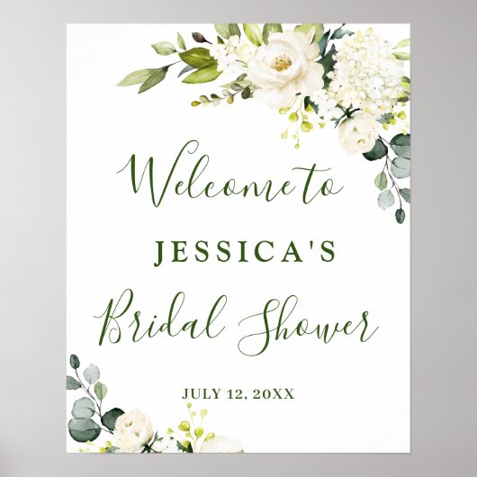 Elegante Eucalyptus Witte Rozen Bruiloftsborrel Poster (Voorkant)