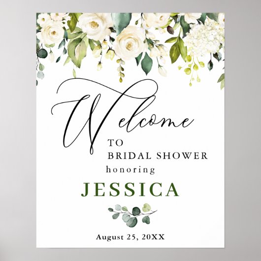 Elegante Eucalyptus Witte Rozen Bruiloftsfeest Poster (Voorkant)