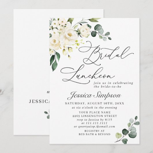 Elegante Eucalyptus Witte Rozen Bruiloftslunch Kaart (Voorkant / Achterkant)