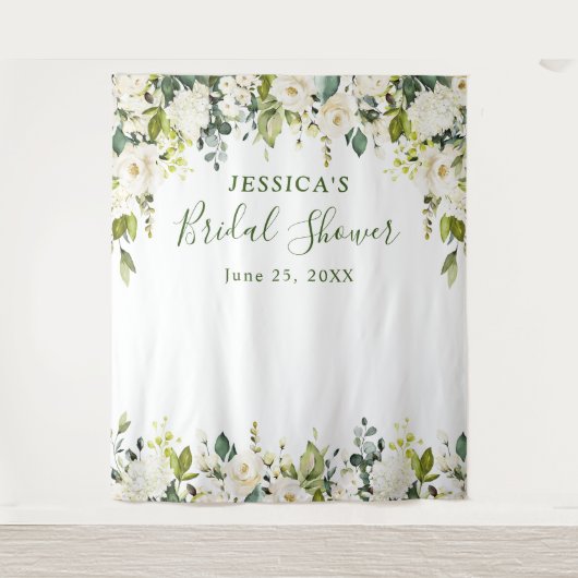Elegante Eucalyptus Witte Rozen Bruiloftsshower Li Wandkleed (Voorkant)