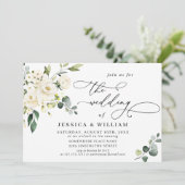 Elegante Eucalyptus Witte Rozen Groene Huwelijksde Kaart (Staand voorkant)