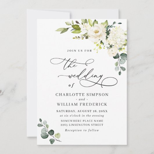 Elegante Eucalyptus Witte Rozen Groene Huwelijksde Kaart (Voorkant)