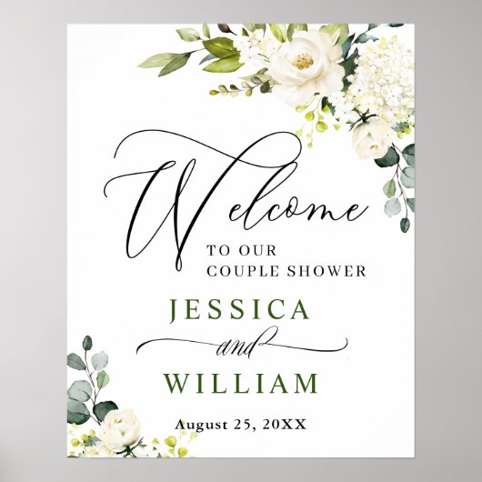 Elegante Eucalyptus Witte Rozen Koppel Bruiloft Poster (Voorkant)