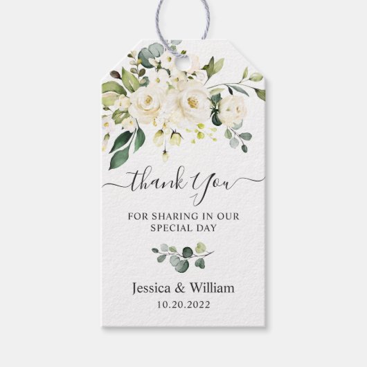 Elegante Eucalyptus Witte Rozen Trouwgunst Cadeaulabel (Voorkant)