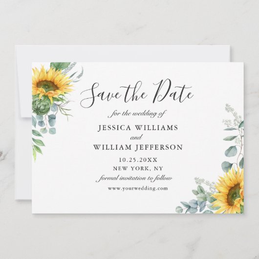 Elegante Eucalyptus Zonnebloem Bloemen Bruiloft Sa Save The Date (Achterkant)