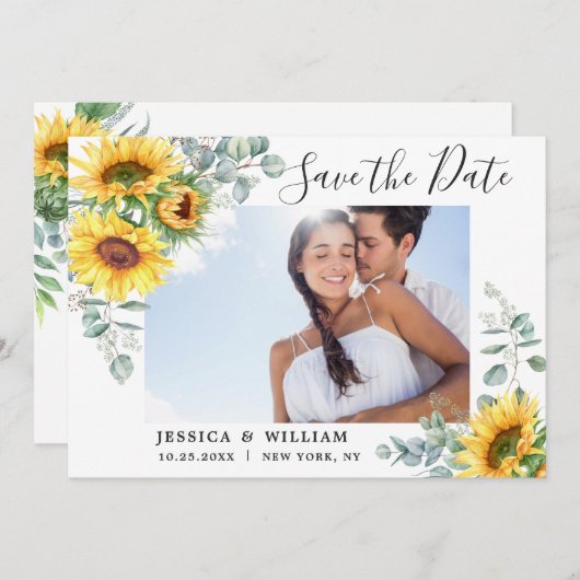 Elegante Eucalyptus Zonnebloem Bloemen Bruiloft Sa Save The Date (Voorkant / Achterkant)