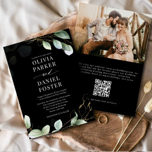 Elegante Eucalyptus Zwarte QR Code Foto Bruiloft Kaart