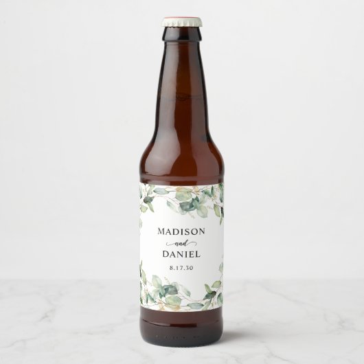 Elegante Eucalyptusbladeren Bruiloft Bier Etiket (Voorkant)