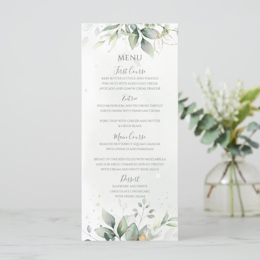 Elegante Eucalyptusbladeren Groene Goud Bruiloft Menu (Staand voorkant)