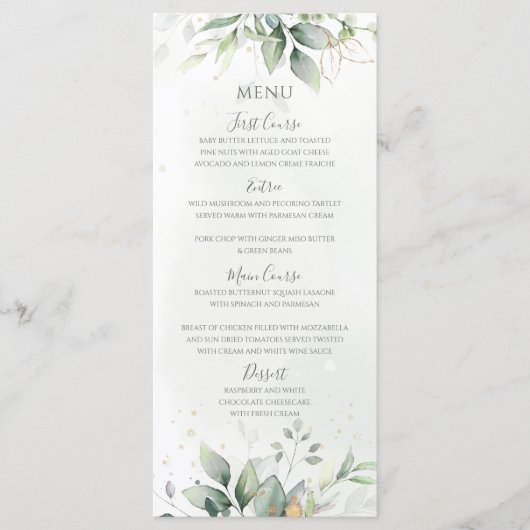 Elegante Eucalyptusbladeren Groene Goud Bruiloft Menu (Voorkant)