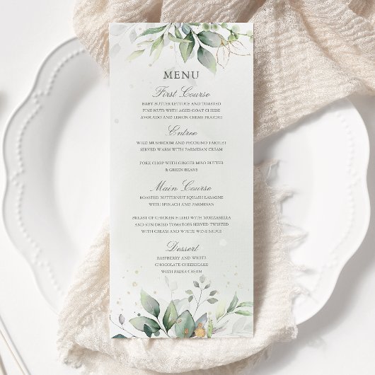 Elegante Eucalyptusbladeren Groene Goud Bruiloft Menu