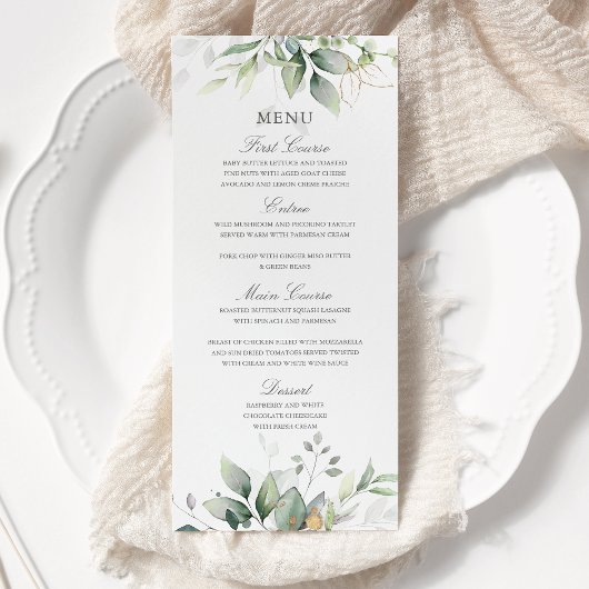 Elegante Eucalyptusbladeren Groene Goud Bruiloft Menu