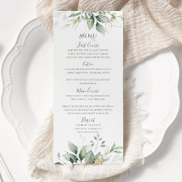 Elegante Eucalyptusbladeren Groene Goud Bruiloft Menu