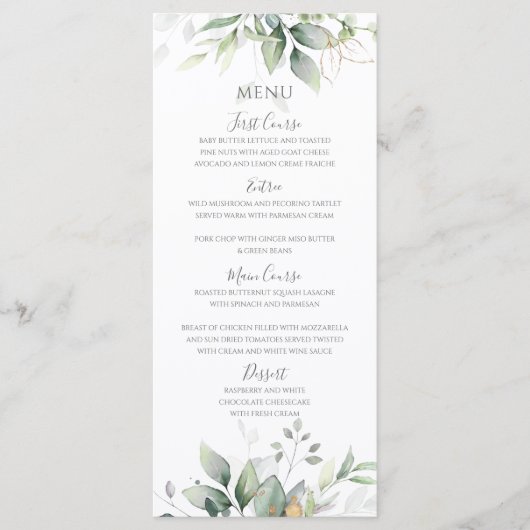 Elegante Eucalyptusbladeren Groene Goud Bruiloft Menu (Voorkant)