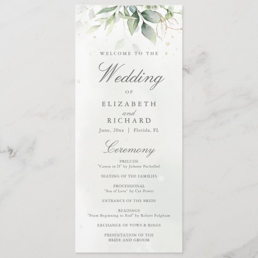 Elegante Eucalyptusbladeren Groene Goud Huwelijk Programmakaart (Voorkant)