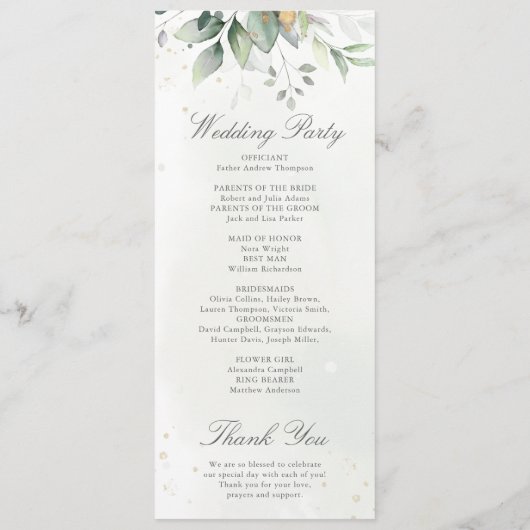 Elegante Eucalyptusbladeren Groene Goud Huwelijk Programmakaart (Achterkant)