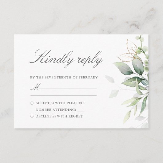 Elegante Eucalyptusbladeren Groene Goud Huwelijk RSVP Kaartje (Voorkant)