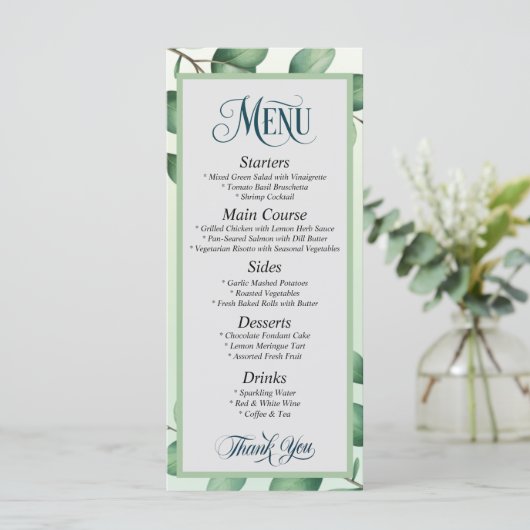 Elegante Eucalyptusbladeren Moderne Trouwmenu  Menu (Staand voorkant)