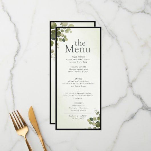 Elegante Eucalyptusbladeren Rustieke Budget Diner Menu (Voorkant / Achterkant in situ)