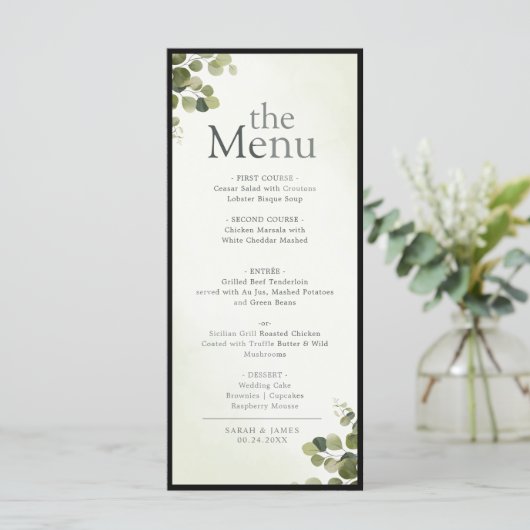 Elegante Eucalyptusbladeren Rustieke Budget Diner Menu (Staand voorkant)