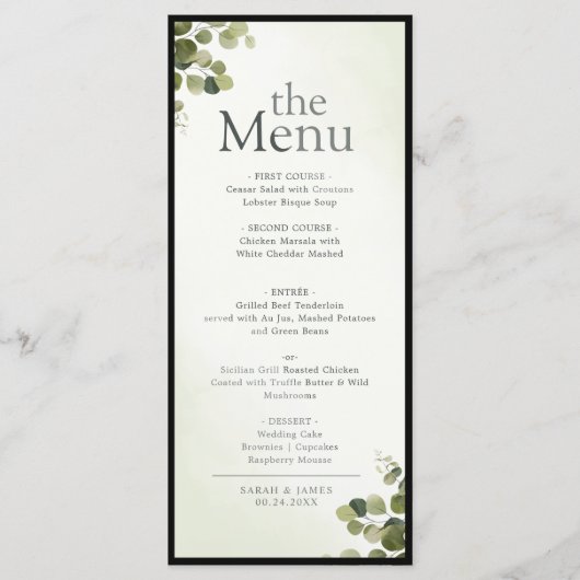 Elegante Eucalyptusbladeren Rustieke Budget Diner Menu (Voorkant)