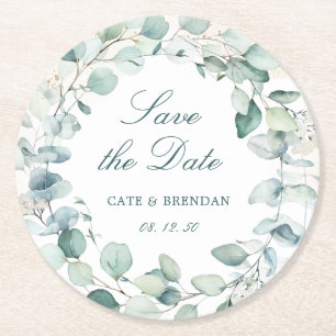 Elegante eucalyptusgroene krans Save The Date Ronde Kartonnen Onderzetter