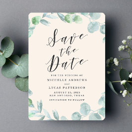 Elegante Eucalyptuskrans Crème Save the Date Kaart