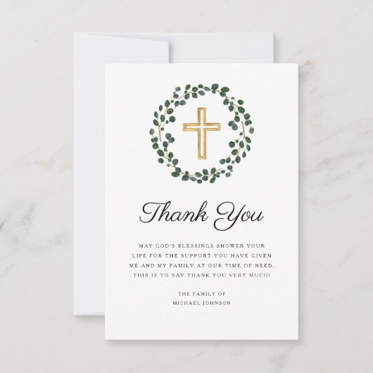 Elegante Eucalyptuskrans religieuze kruisbegrafeni Bedankkaart (Voorkant)