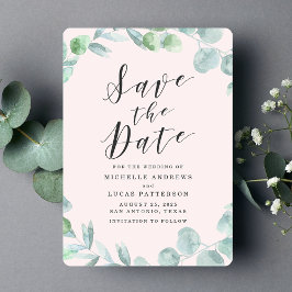 Elegante Eucalyptuskrans Roze Save the Date Kaart