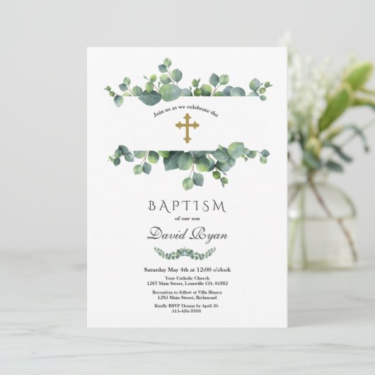 Elegante Eucalyptusloof Kader Gouden Doop Kaart (Staand voorkant)