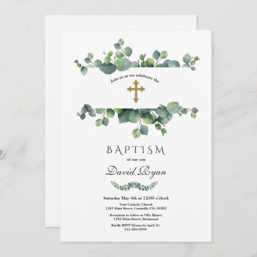 Elegante Eucalyptusloof Kader Gouden Doop Kaart (Voorkant / Achterkant)