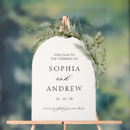 Elegante Evergreen Arch Wedding Welkom Acryl Bord