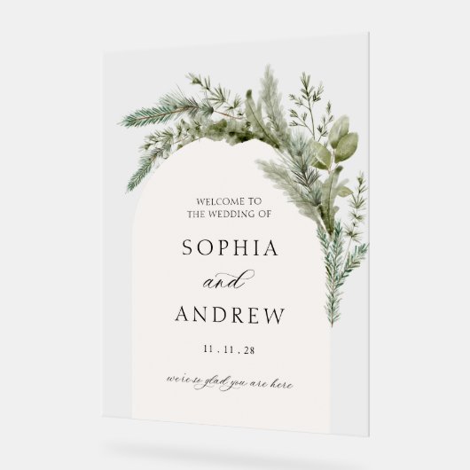 Elegante Evergreen Arch Wedding Welkom Acryl Bord (Hoek)
