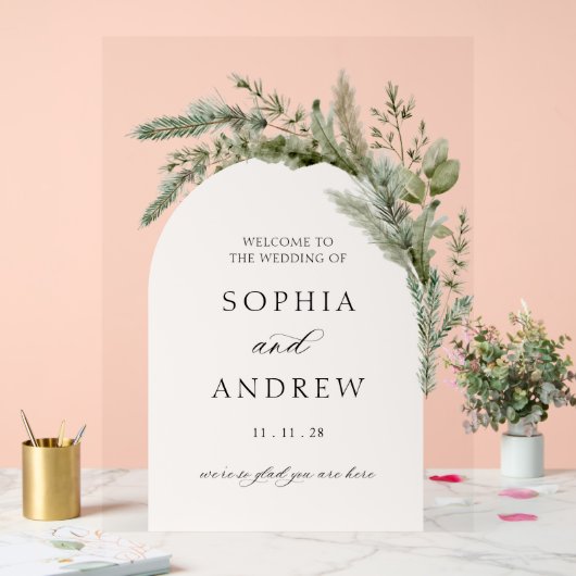 Elegante Evergreen Arch Wedding Welkom Acryl Bord (Huwelijk)