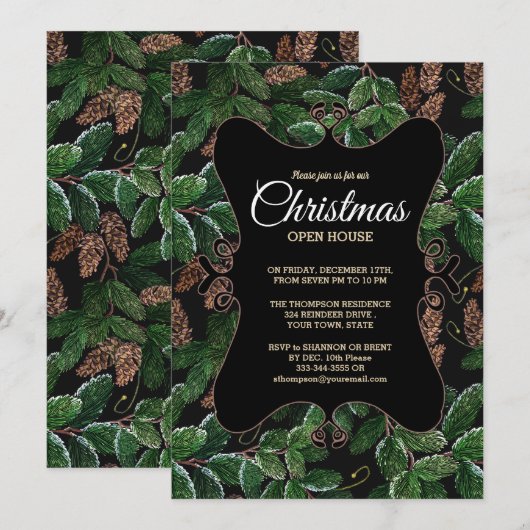 Elegante Evergreen Christmas Open House Kaart (Voorkant / Achterkant)