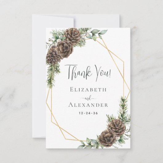 Elegante Evergreen Pine Cone Winter Bruiloft Bedankkaart (Voorkant)