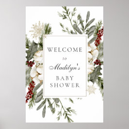 Elegante Evergreens en Winter Florals Baby Welkom Poster