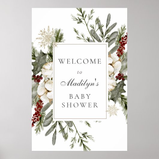 Elegante Evergreens en Winter Florals Baby Welkom Poster (Voorkant)