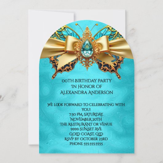 Elegante Exotische Verjaardag Blauwgroen Gouden Ju Kaart (Achterkant)